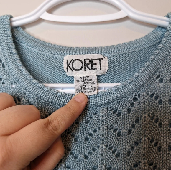 Vintage Koret Eyelet Knit Crochet Blue 3/4  Sleeve Sweater Woman Small - Picture 3 of 7